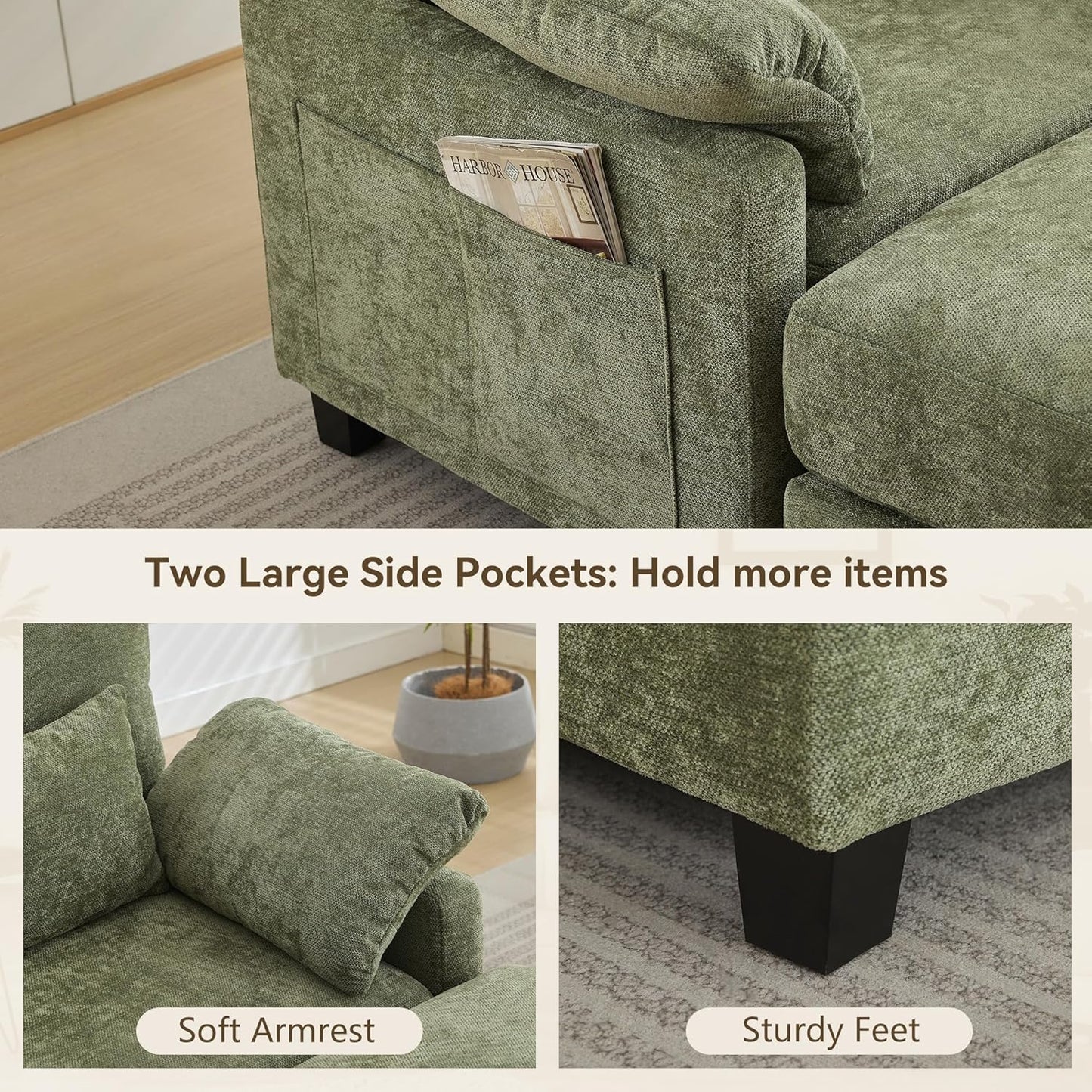 57.5" Oversized Chaise Lounge with Ottoman Indoor, Oversized Reading Chair with Ottoman & Sofa Bed, Green Chenille Upholstered Comfy Sleeper Chair for Living Room, Bedroom, Office