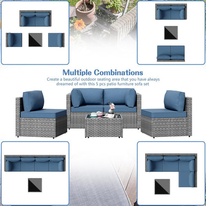 5 Pieces Outdoor Patio Furniture Sets, Patio Sectional Sofa Couch, Gray PE Wicker Furniture Modular Patio Conversation Sets Patio Sofa with Washable Cushions & Table（Aegean Blue）