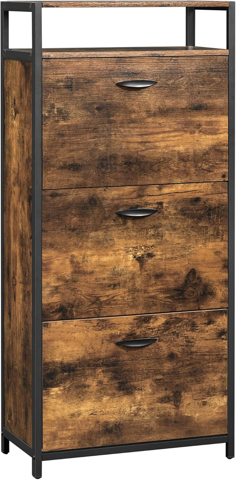 Shoe Cabinet with 3 Flip Drawers, Shoe Storage Cabinet, Asjustable and Removable Dividers, Holds 15-18 Pairs of Shoes, 11.8 X 23.6 X 51.2 Inches, Rustic Brown and Black ULBS101B01