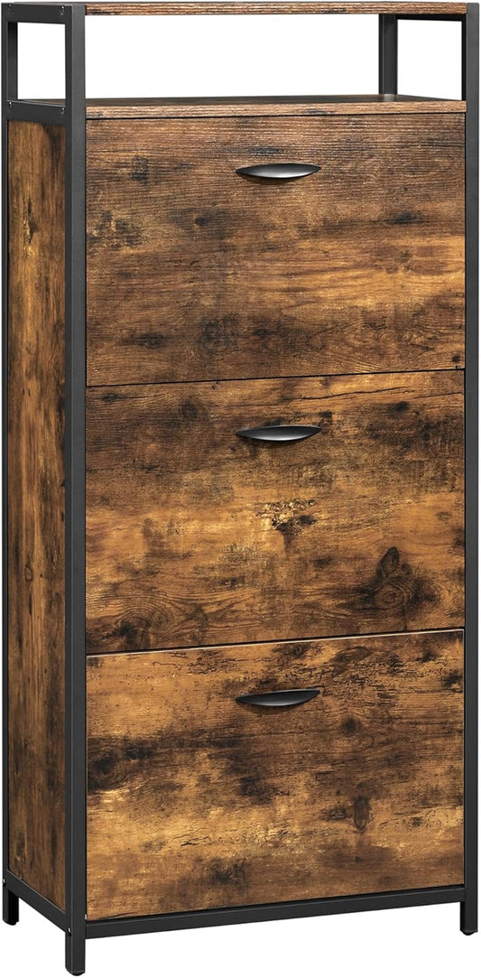 Shoe Cabinet with 3 Flip Drawers, Shoe Storage Cabinet, Asjustable and Removable Dividers, Holds 15-18 Pairs of Shoes, 11.8 X 23.6 X 51.2 Inches, Rustic Brown and Black ULBS101B01
