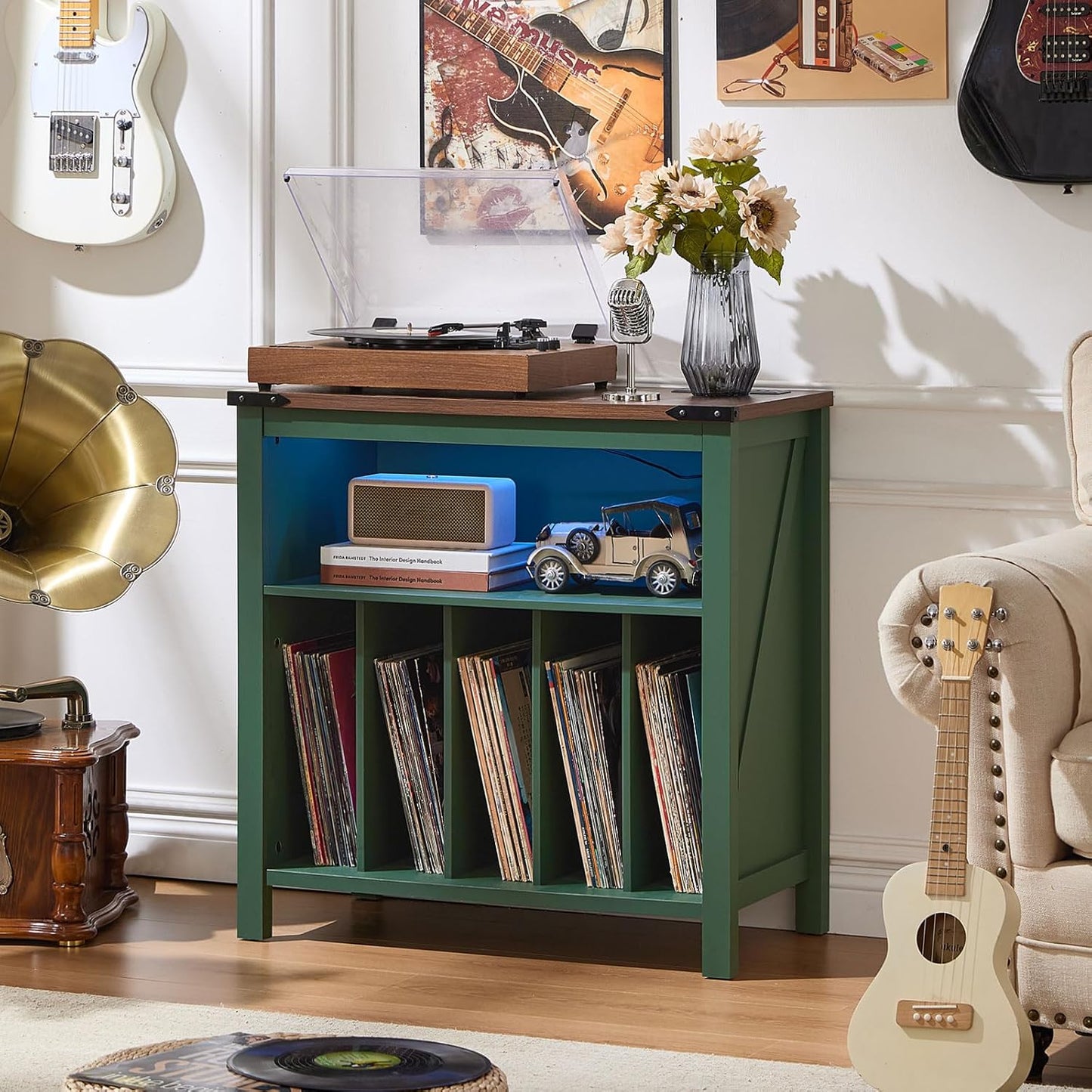 Large Record Player Stand with Charging Station & LED Lights, Black Vinyl Record Storage Holder Holds up to 230 Albums, Turntable Stand with Display Shelf for Music Room Bedroom Living Room.