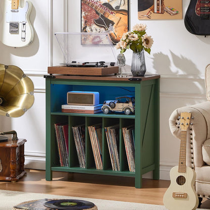 Large Record Player Stand with Charging Station & LED Lights, Black Vinyl Record Storage Holder Holds up to 230 Albums, Turntable Stand with Display Shelf for Music Room Bedroom Living Room.