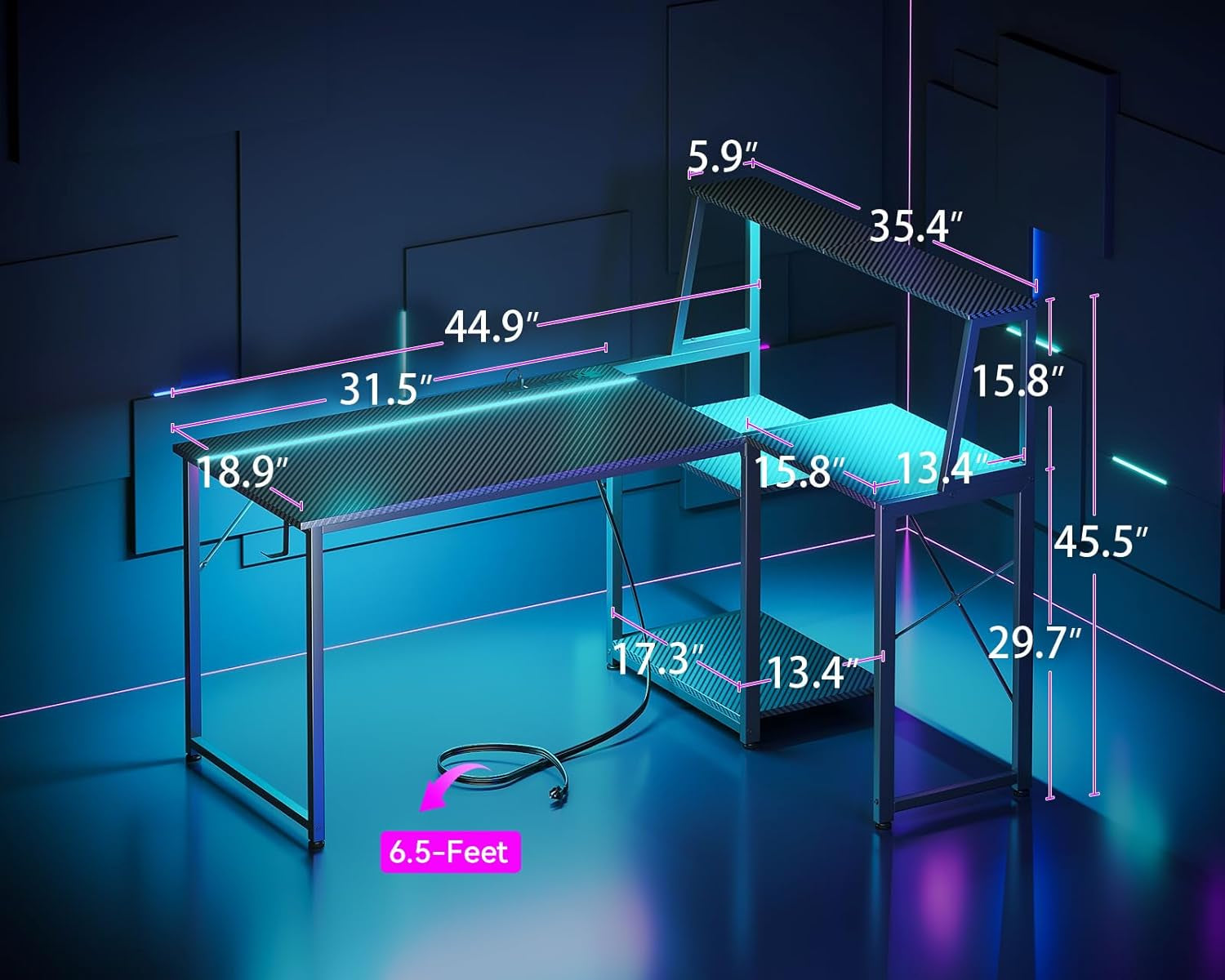 45 Inch L Shaped Gaming Desk with Power Outlet & LED Lights, Computer Table with Corner Desktop Showcase for CPU Stand, Display Storage Shelf, Carbon Fiber Surface, Black