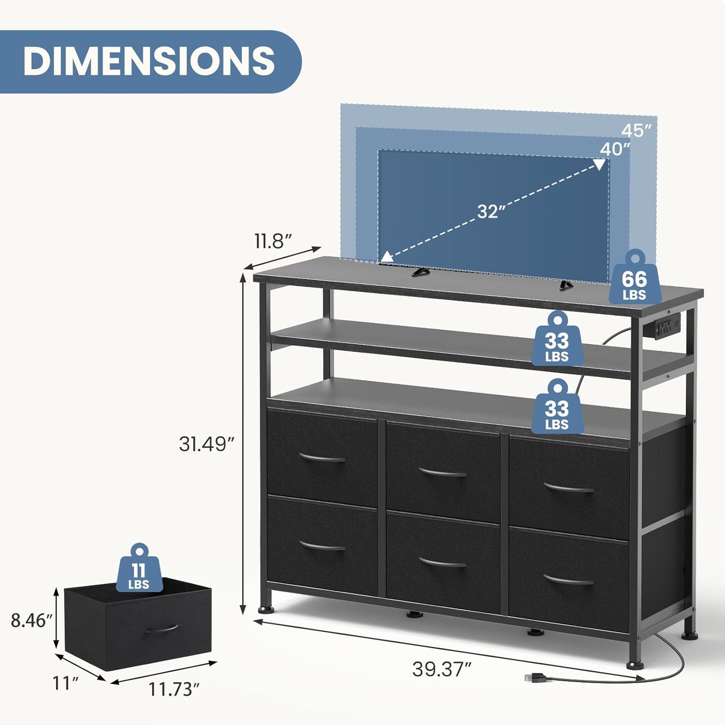 TV Stand for up to 45 Inch TV, Wood Top TV Media Console Table with 6 Fabric Drawers, 2 Shelves, Entertainment Center with LED Lights & Charging Station for Living Room, Hallway, Black