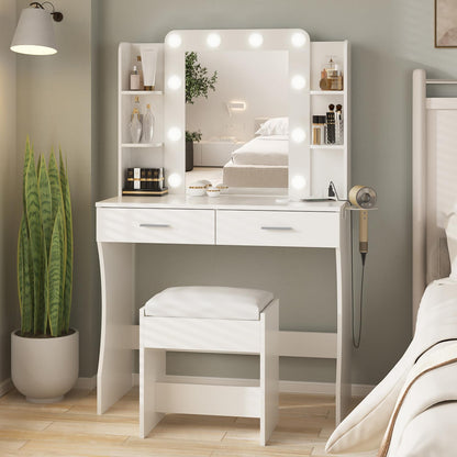 Vanity Desk with Lights,keup Vanity with Power Strip,Dressing Table Set with 2 Large Drawers,Vanity Mirror 3 Lighting Color Adjustable,White