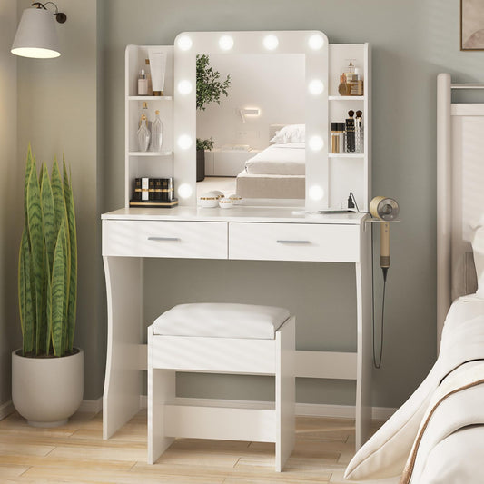 Vanity Desk with Lights,keup Vanity with Power Strip,Dressing Table Set with 2 Large Drawers,Vanity Mirror 3 Lighting Color Adjustable,White