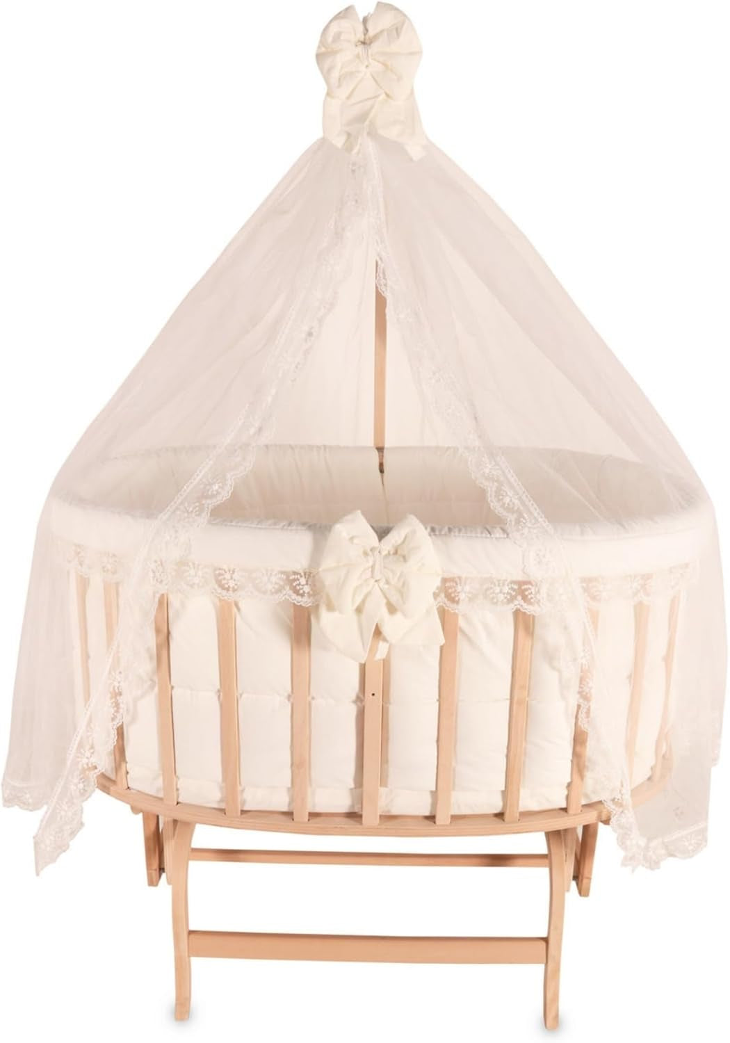 Wooden Baby Bassinet with Canopy, Natural Beech Cradle with Rocking & Locking Function, Includes 100% Cotton Bedding Set, Mattress, Pillow, Bumper, Mosquito Net, Baby Crib for Newborn to 24 Months