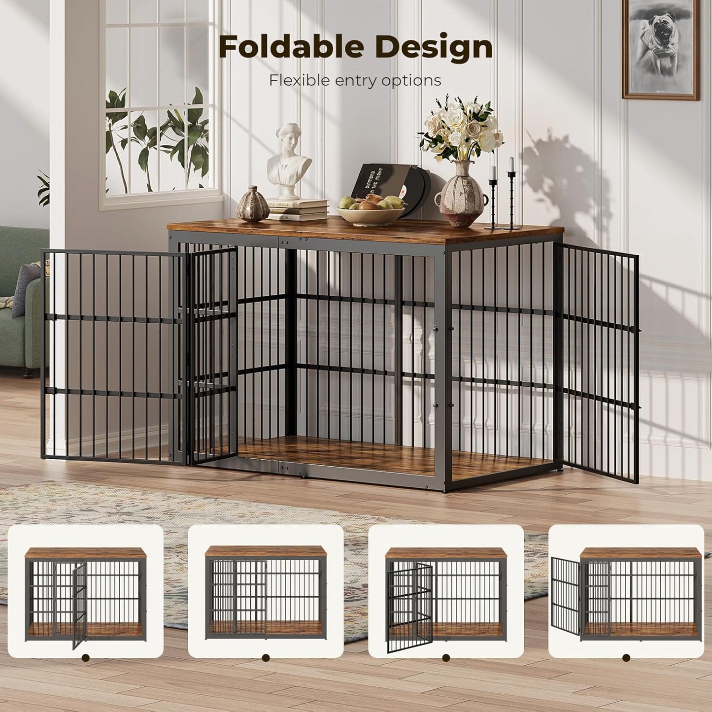 54" Dog Crate Furniture with Foldable Door, XXL Dog Crates for Large Dogs, Wooden Decorative Dog Cage Kennel Indoor End Table, Rustic Brown