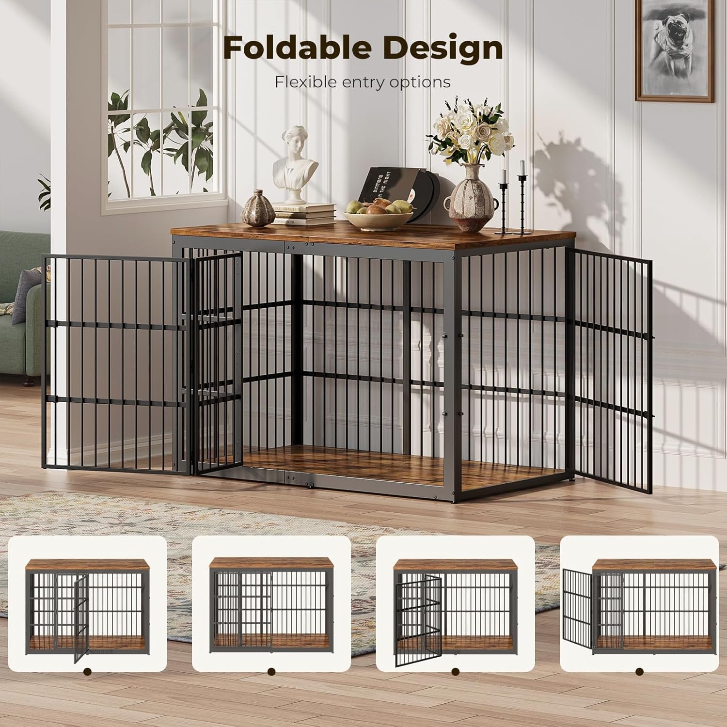 54" Dog Crate Furniture with Foldable Door, XXL Dog Crates for Large Dogs, Wooden Decorative Dog Cage Kennel Indoor End Table, Rustic Brown