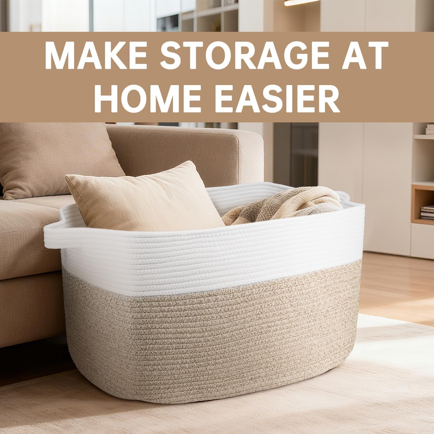 75L Large Cotton Rope Basket 22" X 17" X 12",Large Blanket Basket with Handle,Woven Baskets for Storage,Storage Baskets for Organizing