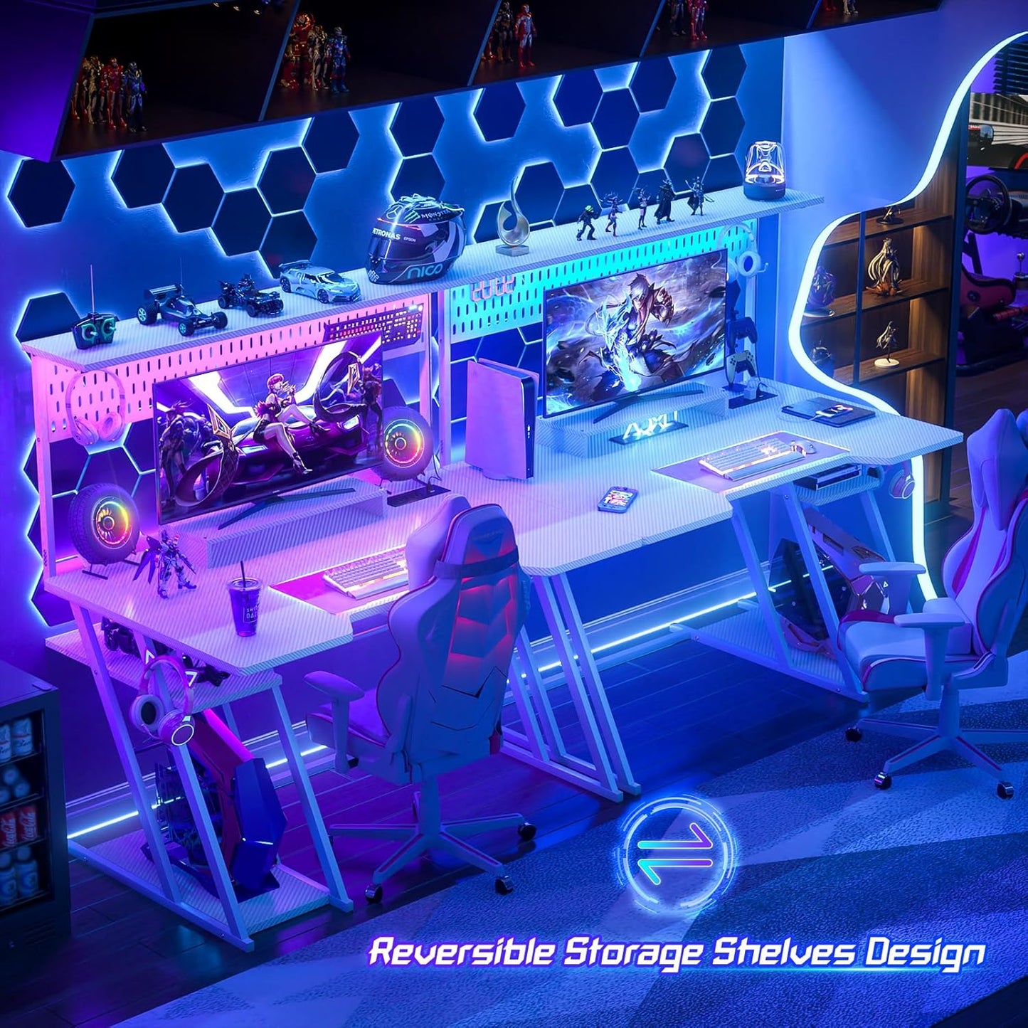 Gaming Computer Desk with Hutch and LED Lights, 53'' Black Gaming Desk with Storage Shelves, Reversible PC Gamer Desks with Pegboard, Ergonomic Desk for Bedroom, Carbon Fiber Surface