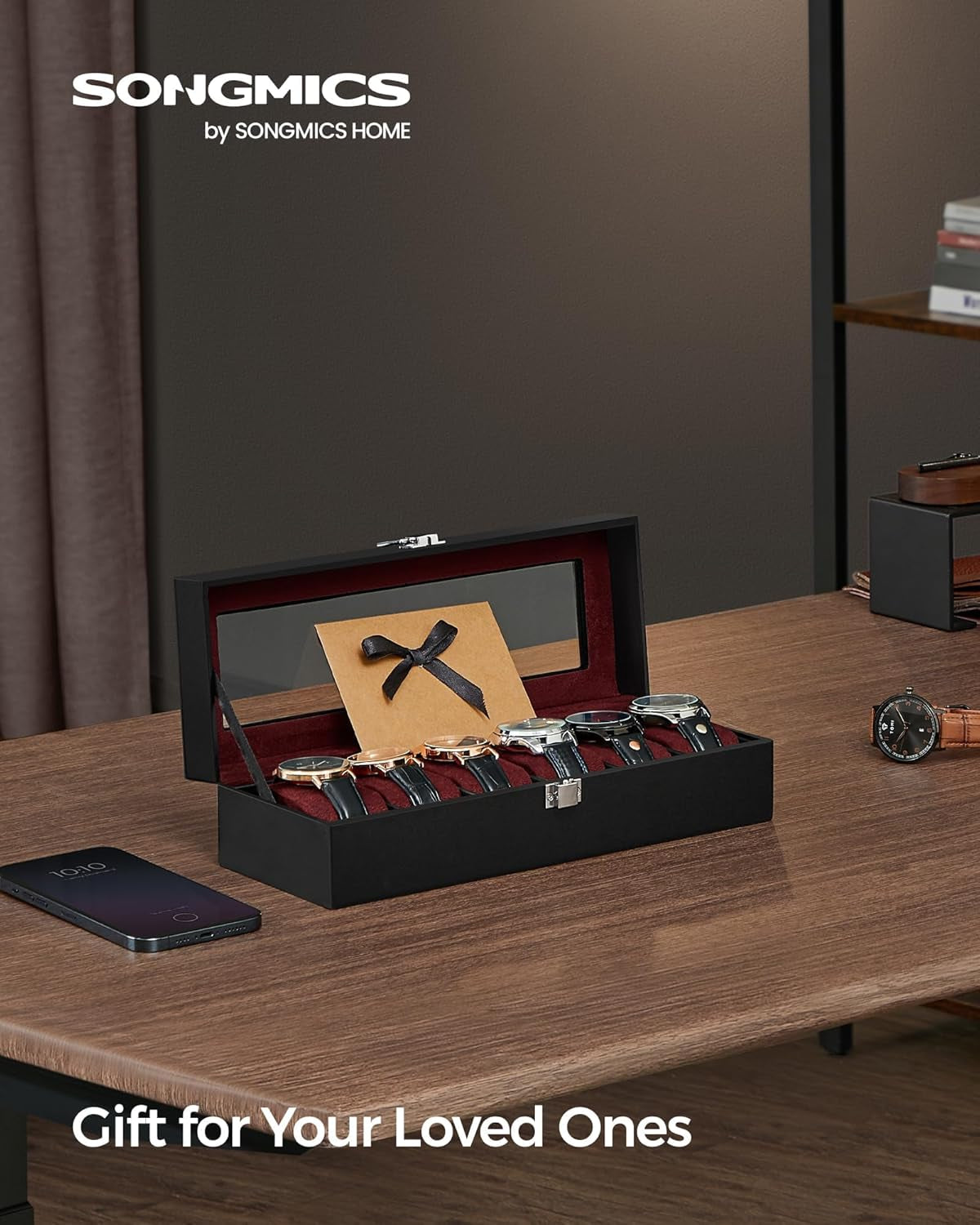 2 Items Bundle - Watch Boxes, 12-Slot Watch Box with Large Glass Lid and Removable Watch Pillows, 6-Slot Watch Case, Black Synthetic Leather UJWB12BK and UJWB006R01