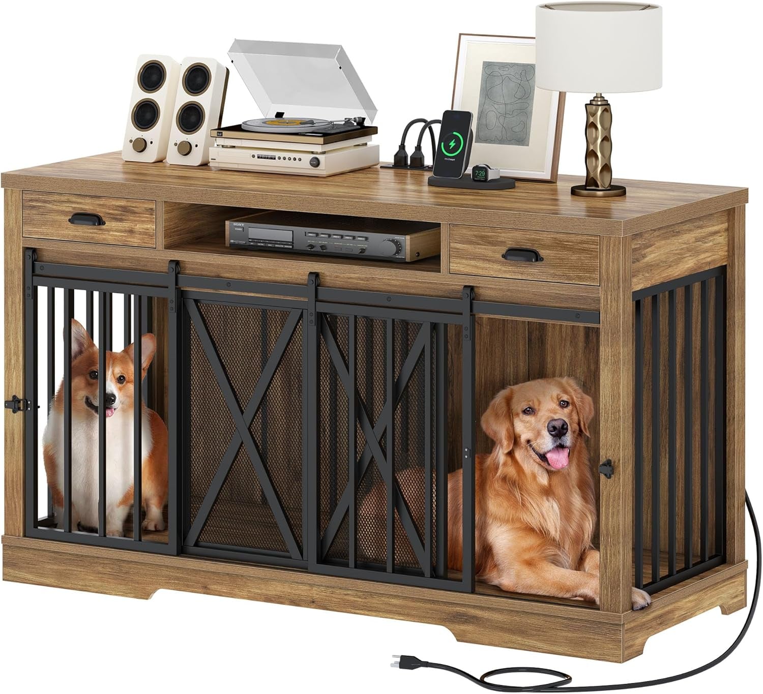 63 Inch Double Dog Crate Furniture for 2 Dogs, Heavy Duty Wooden Dog Crate TV Stand with Charging Station, Dog Kennel Indoor Furniture Double Sliding Barn Door Design Ideal for 2 Dogs, Oak
