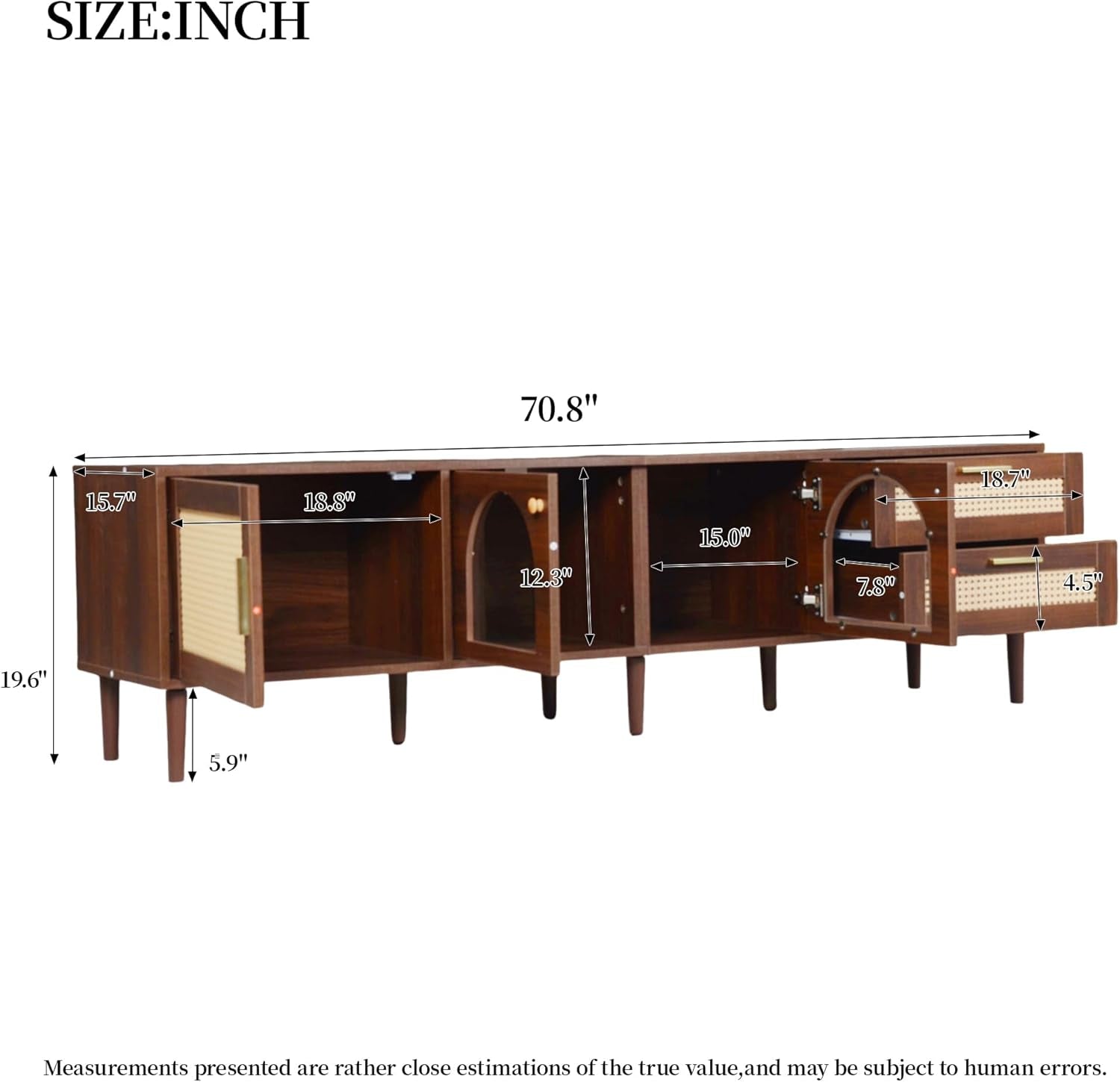 Rattan TV Stand with LED Lights, 70" Entertainment Center with 3 Cabinets & 2 Drawers Media Console Table for Tvs up to 80", Solid Wood Feet, Living Room, Bedroom Furniture