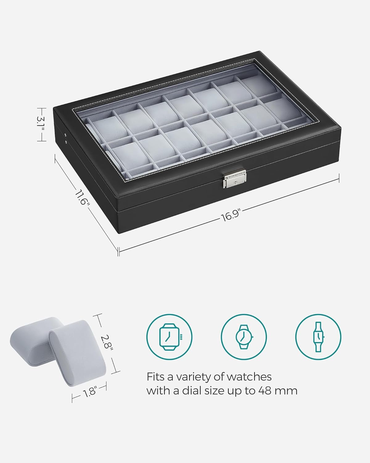 24-Slot Watch Box, Lockable Storage Case with Glass Lid, Ink Black Synthetic Leather, Dove Gray Lining, Gift Idea UJWB024