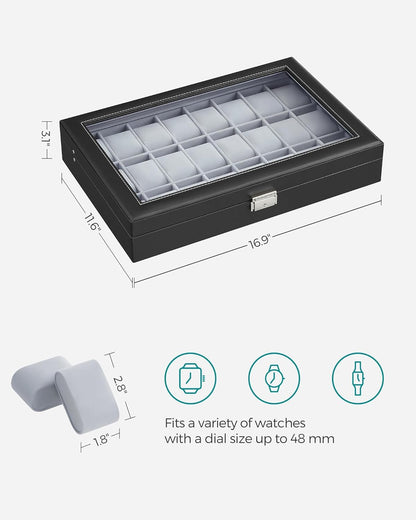 24-Slot Watch Box, Lockable Storage Case with Glass Lid, Ink Black Synthetic Leather, Dove Gray Lining, Gift Idea UJWB024