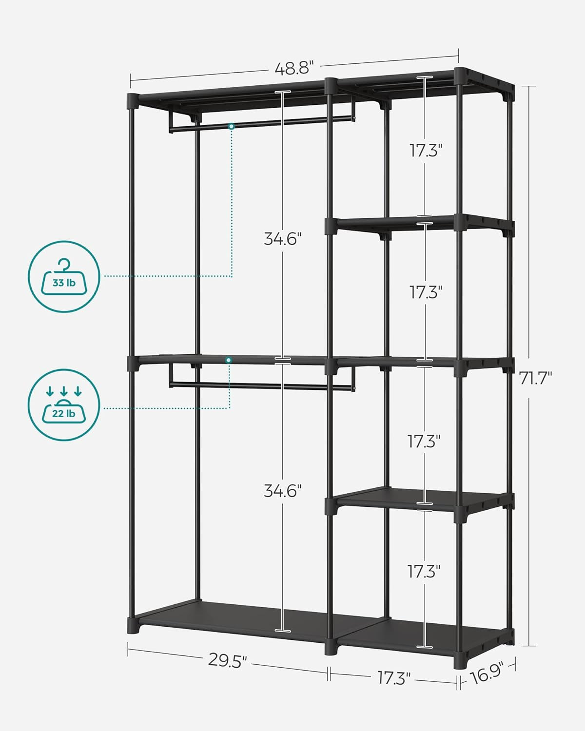 Portable Closet, Freestanding Closet Organizer, Clothes Rack with Shelves, Hanging Rods, Storage Organizer, for Cloakroom, Bedroom, 48.8 X 16.9 X 71.7 Inches, Black URYG026B02