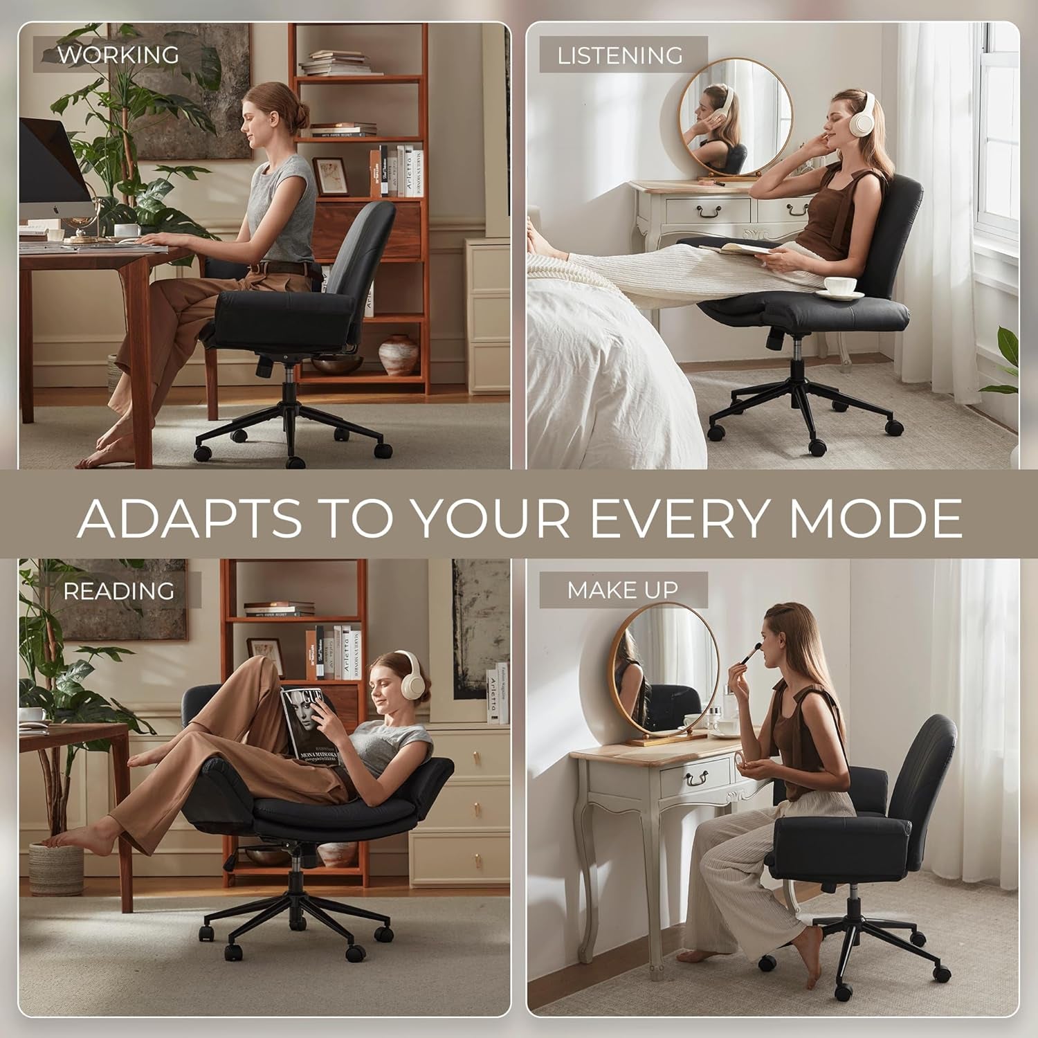 Criss Cross Chair with Five-Level Adjustable Arms and Wheels - Comfortable Ergonomic PU Leather Swivel Vanity Chair - Computer Makeup Gaming Chair for Home Office, Bedroom, Living Room (Black)