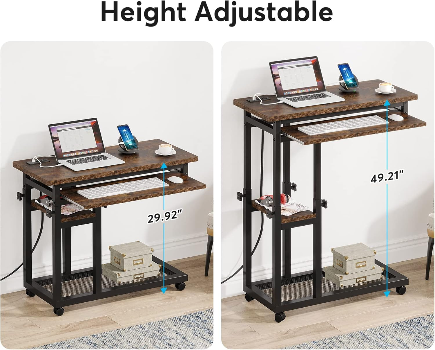 Small Portable Desk with Power Outlet, Height Adjustable Sofa Couch Bedside Laptop Table with Wheels, Mobile Standing Desk Rolling Computer Cart C Side Table with USB Ports