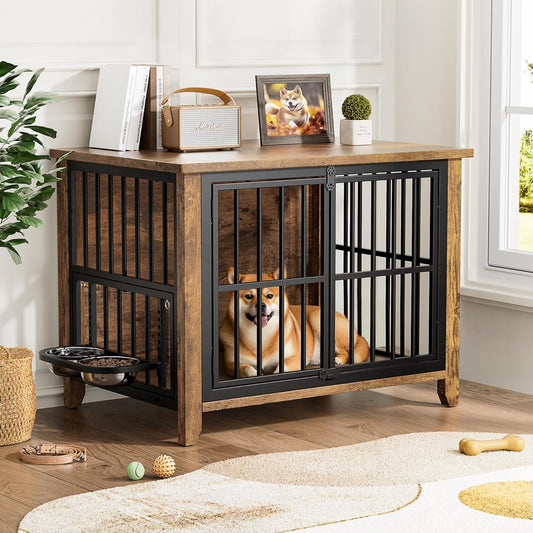 Dog Crate Furniture, Wooden Dog Kennel Indoor with Adjustable 360°& Height Dog Bowls, Double Doors Furniture Dog Crates End Table for Small/Medium 31.5" L*22.5" W*25.6" H, Brown