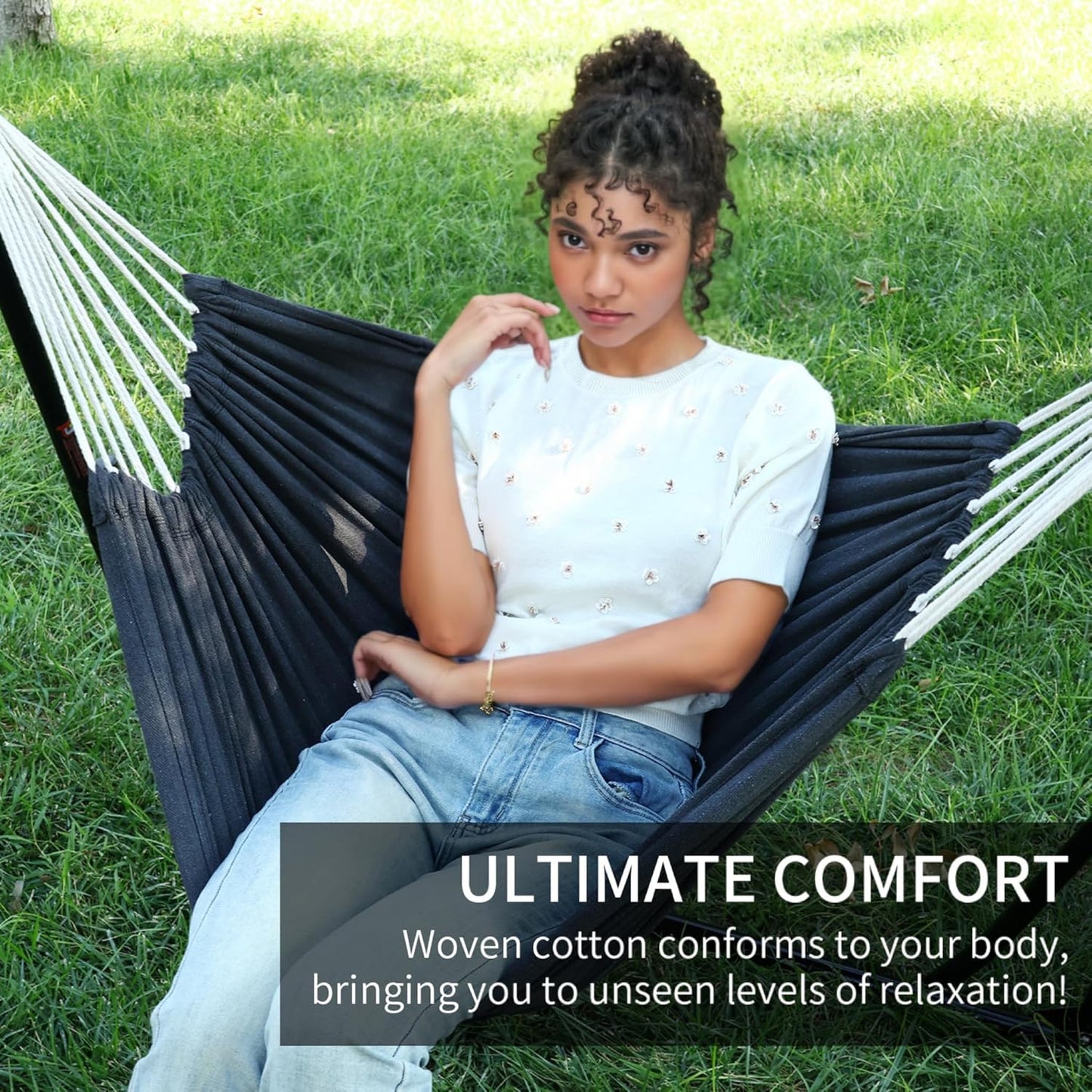 2 in 1 Hammock with Stand - Portable Hammock & Swing Chair, No Tools Assembly, with Carry Bag, Indoor Outdoor for Patio, Garden, Camping, Apartment (Black)