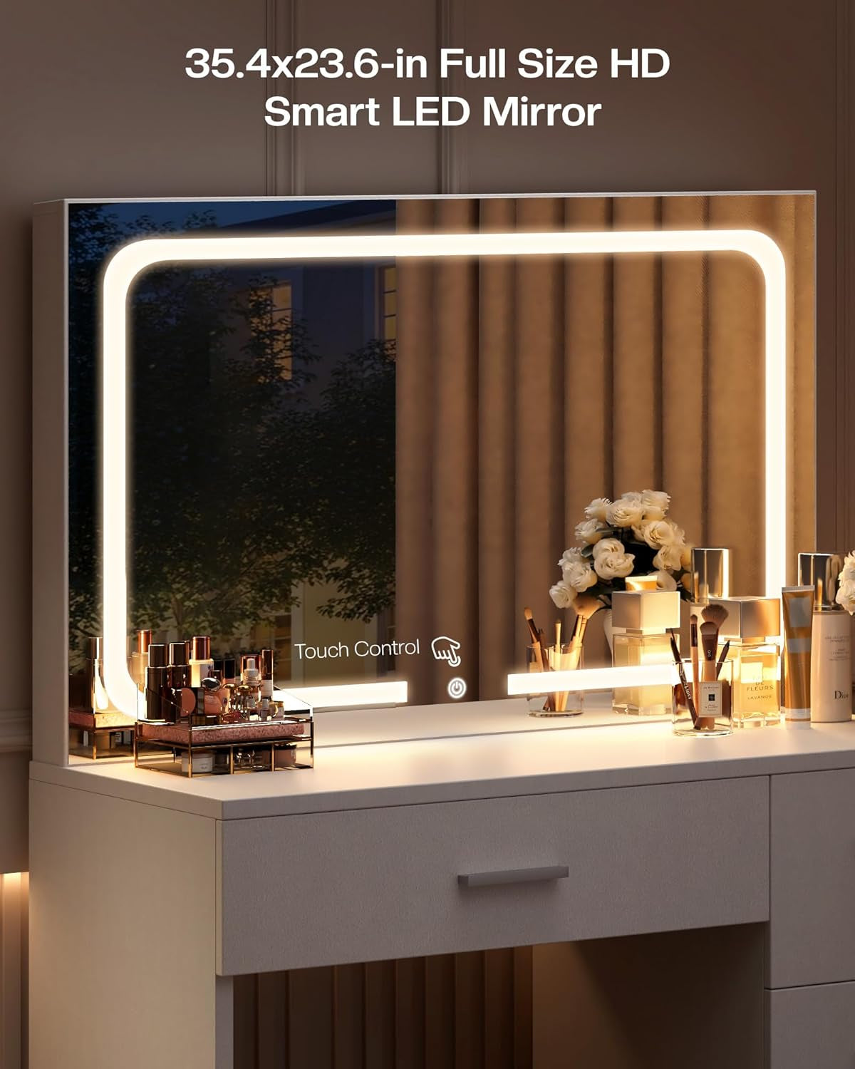 Vanity Desk with LED Mirror, Makeup Vanity with Drawer and Cushion Stool, Dressing Table for Bedrrom, White