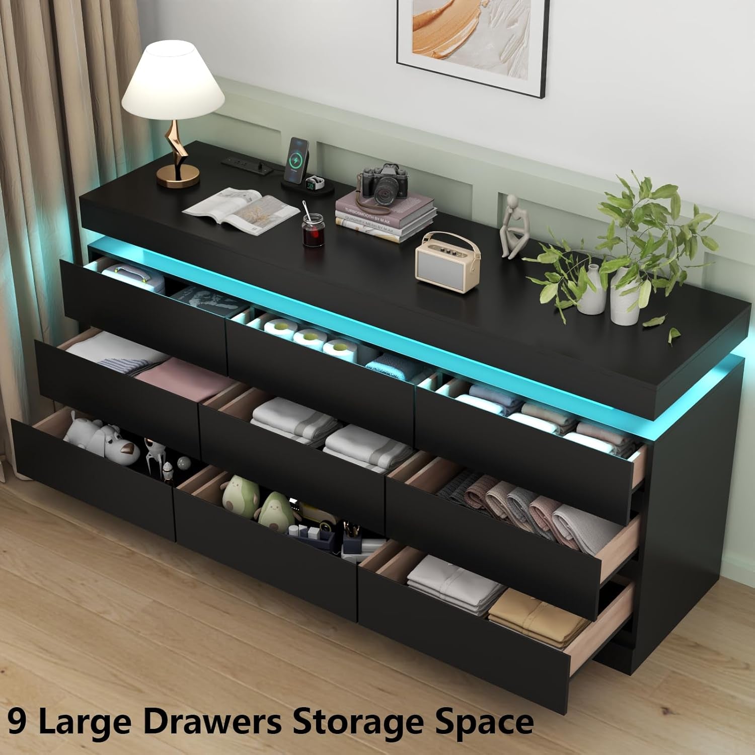 9 Drawer Dresser with Power Outlet, Dresser with LED Light, Modern Chest of Drawers for Closet, Double Wide Drawer Organizer Cabinet for Bedroom, Living Room (Black, 9 Drawers)