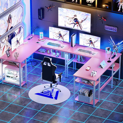 Reversible L Shaped Desk with Magic Power Outlets and USB Charging Ports, Sturdy Corner Computer Desk with Storage Shelves, Gaming Table Home Office Desk, Easy to Assemble, Pink