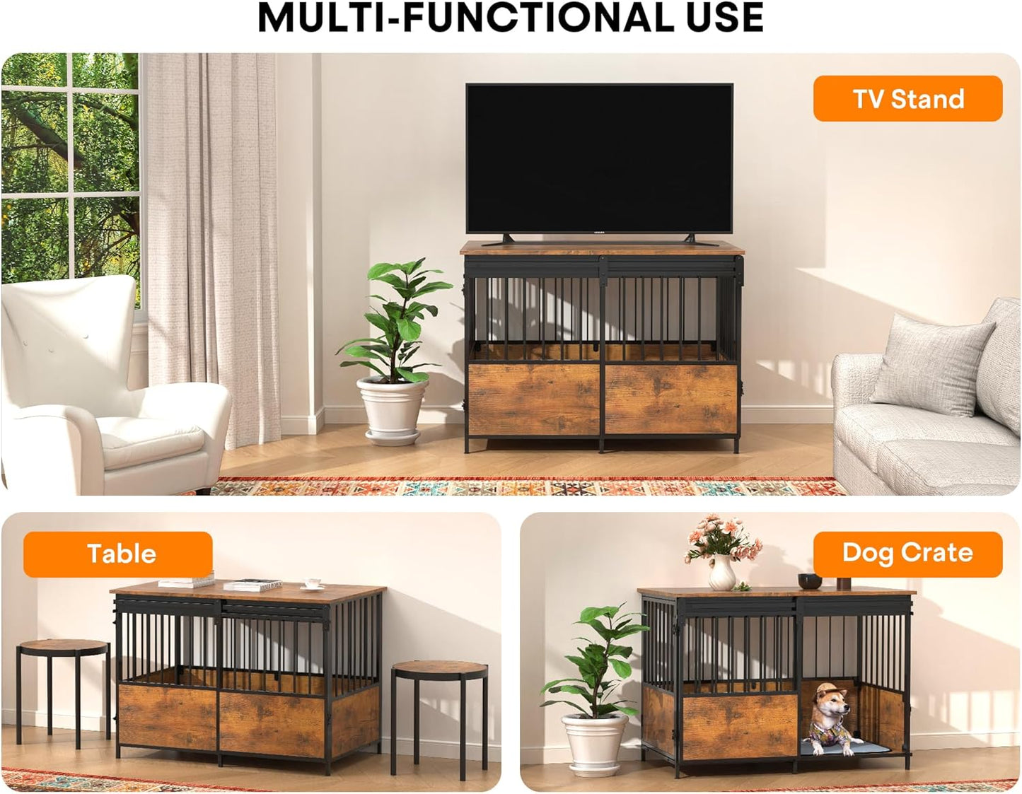 40 Inch Dog Crate Furniture, Heavy Duty Dog Kennel Indoor with Cushion & Double Doors, Wooden Dog Cage Side End Table for Medium Large Dogs, Brown