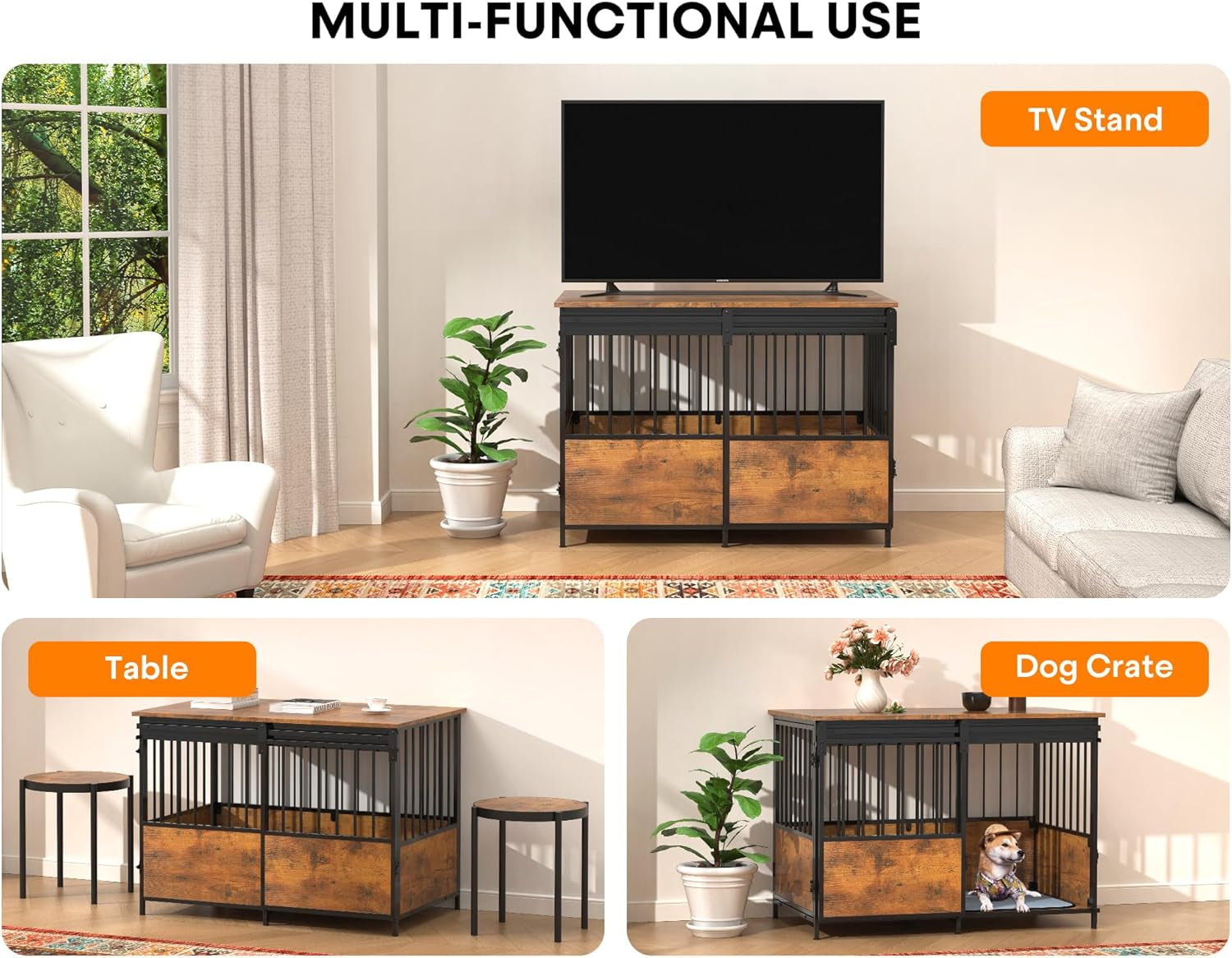 40 Inch Dog Crate Furniture, Heavy Duty Dog Kennel Indoor with Cushion & Double Doors, Wooden Dog Cage Side End Table for Medium Large Dogs, Brown