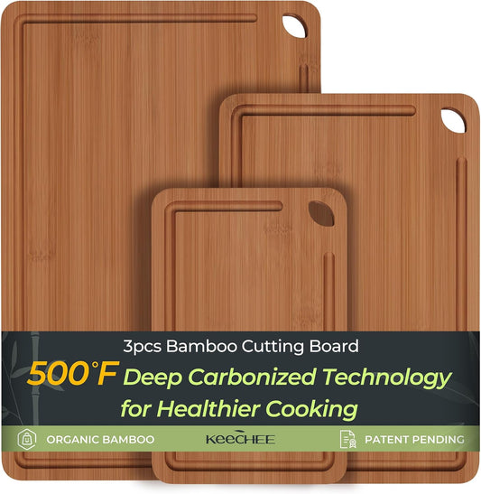 Bamboo Cutting Board, Durable Wood Cutting Boards for Kitchen with Deep Juice Grooves & Built-In Handles, Ideal Charcuterie & Chopping for Meat, Vegetables and Fruits Ideal Kitchen Gifts
