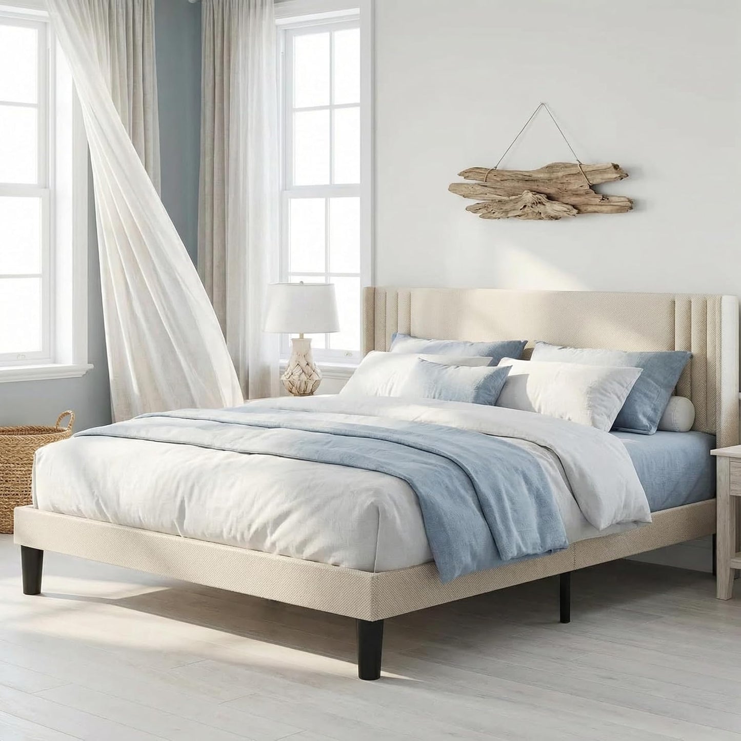 Queen Bed Frame with Wingback Headboard, Upholstered Platform Bed, Wooden Slats, Noise-Free, No Box Spring Needed, Easy Assembly