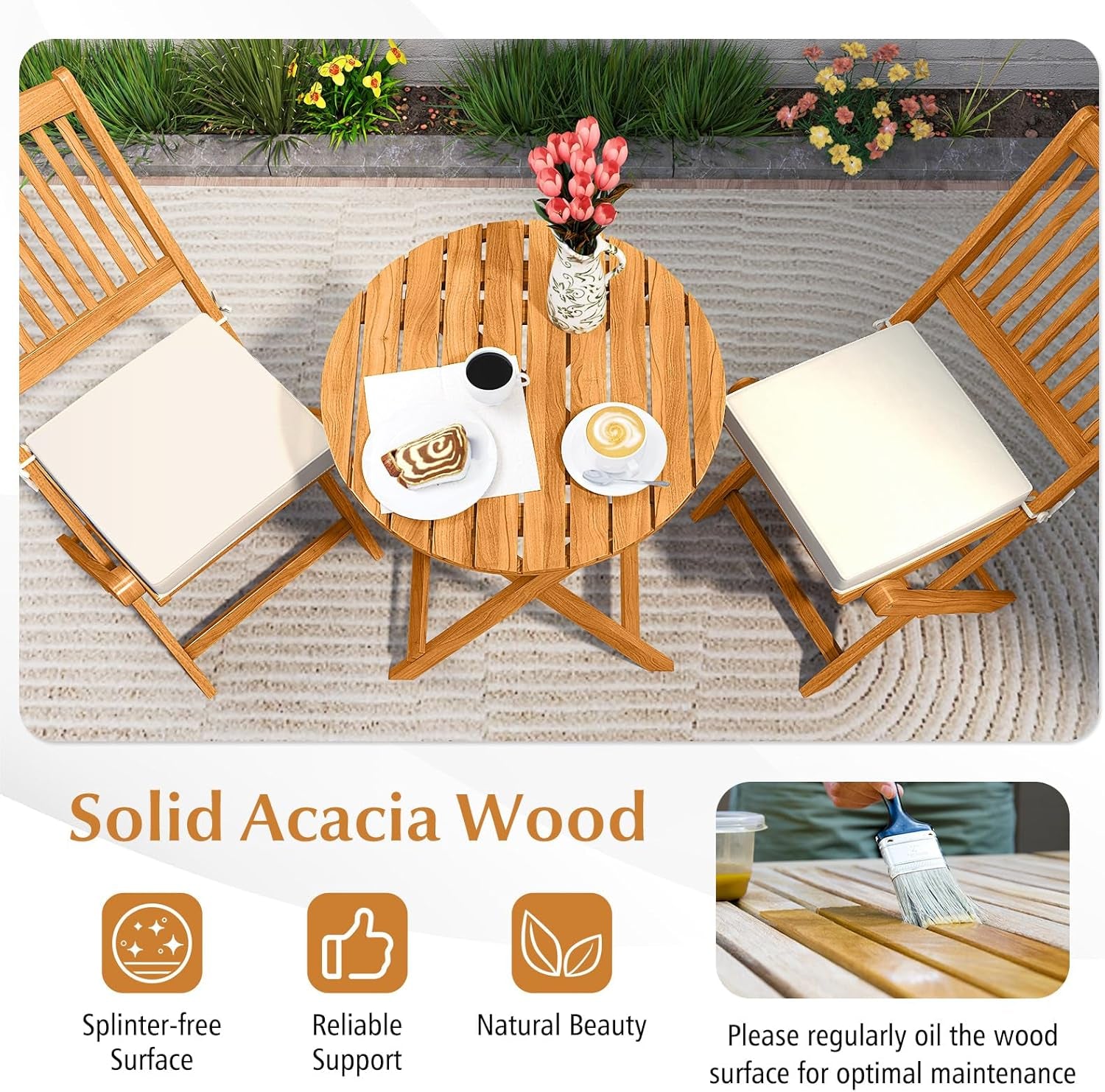 3 Pieces Acacia Wood Patio Folding Bistro Set, Outdoor Table and Chairs Set with Soft Cushions, Patio Furniture Set for Porch, Balcony, Garden, Deck and Backyard