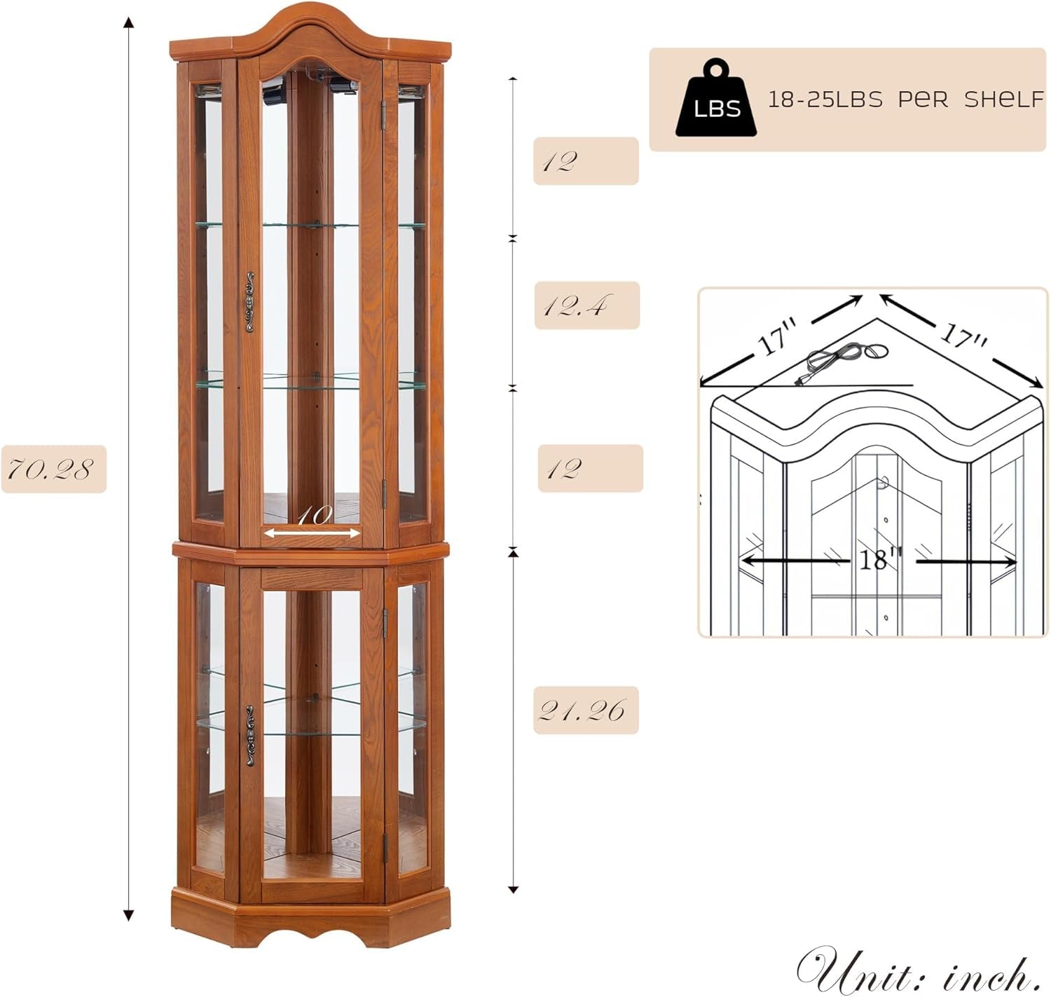 70.5" H Lighted Corner Display Curio Cabinet, Wooden Shelving Unit with Tempered Glass Doors, Bar and Liquor Storage Area, Rack for Living Room (Oak)