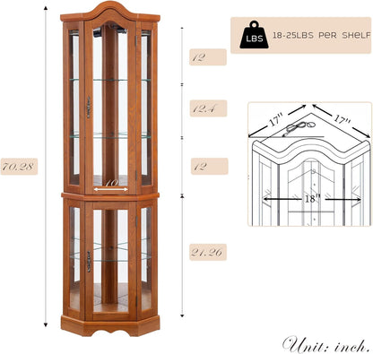 70.5" H Lighted Corner Display Curio Cabinet, Wooden Shelving Unit with Tempered Glass Doors, Bar and Liquor Storage Area, Rack for Living Room (Oak)