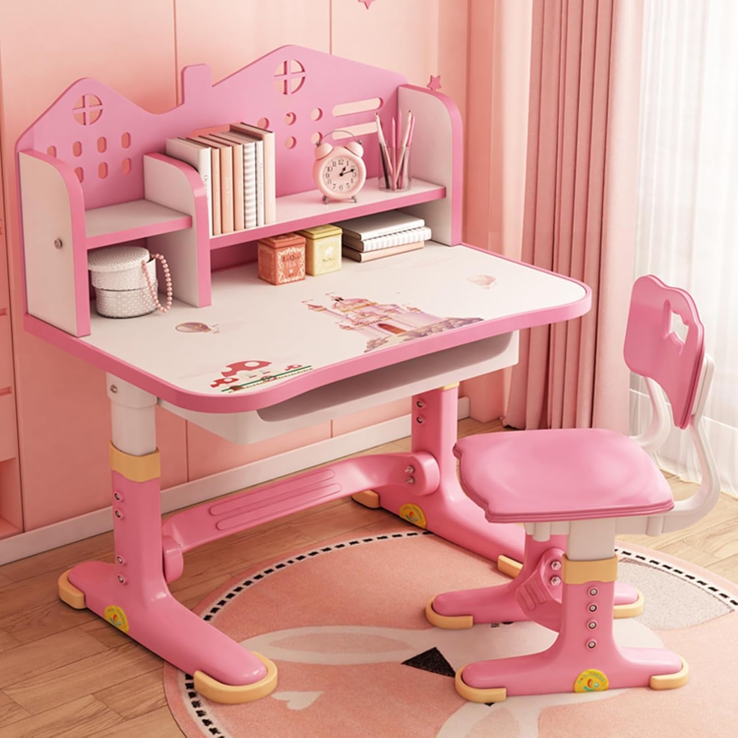 Kids Adjustable Study Desk & Chair Set W/Storage,Drawers,Bookshelf,Child Toddler Writing Homework Table,Little Girl Work Computer Desk,Princess Preschool Desk,Escritorio Mesas Para Niña (Pink A)