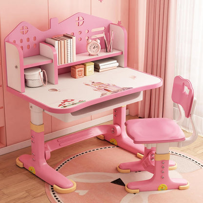 Kids Adjustable Study Desk & Chair Set W/Storage,Drawers,Bookshelf,Child Toddler Writing Homework Table,Little Girl Work Computer Desk,Princess Preschool Desk,Escritorio Mesas Para Niña (Pink A)