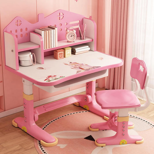 Kids Adjustable Study Desk & Chair Set W/Storage,Drawers,Bookshelf,Child Toddler Writing Homework Table,Little Girl Work Computer Desk,Princess Preschool Desk,Escritorio Mesas Para Niña (Pink A)