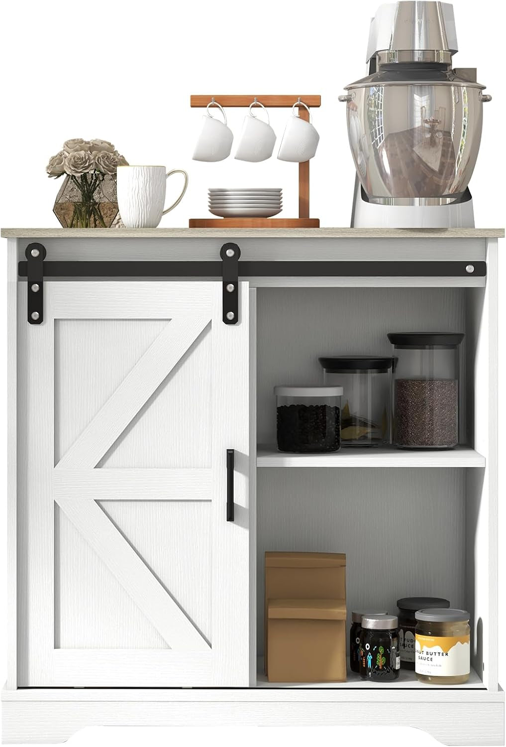 Sliding Barn Door Buffet Sideboard Storage Cabinet Coffee Bar Kitchen Farmhouse Style (White Cabinet Nature Top)