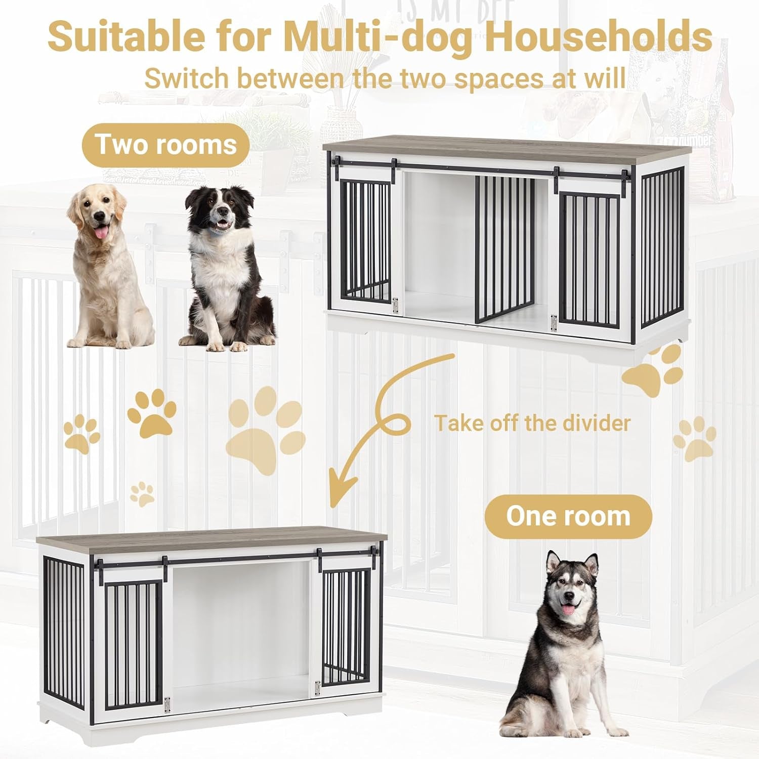 61" Double Dog Crate Furniture for 2 Dogs, Double Dog Kennel Furniture TV Stand with Divider, Furniture Style Wooden Crates for Large Medium Small Dogs Indoor White