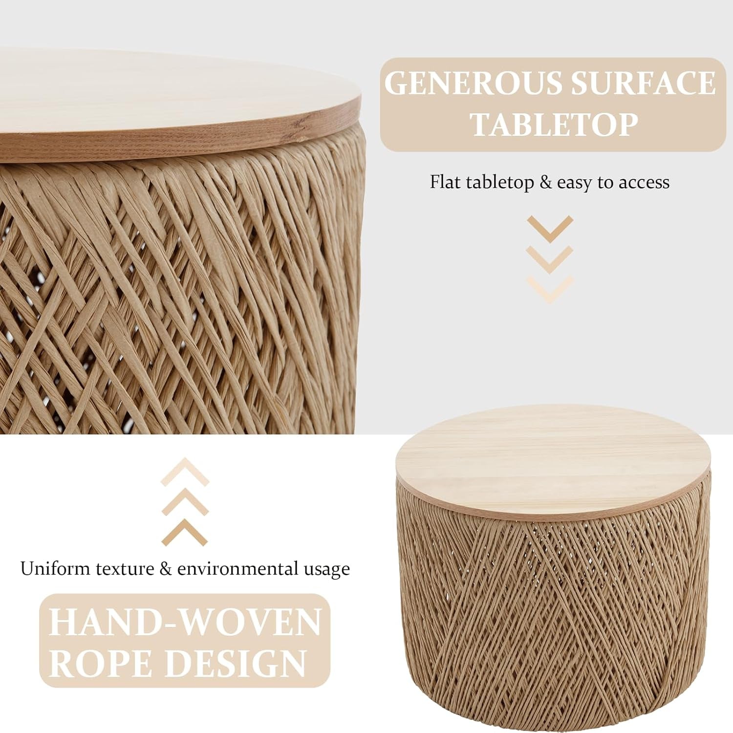 24" round Wood Nesting Coffee Table Set of 2 Handcraft Woven & Rope Rattan Sofa Tables Both with Storage Drum End Side Table for Small Space Living Room No Assembly Needed, Natural Color