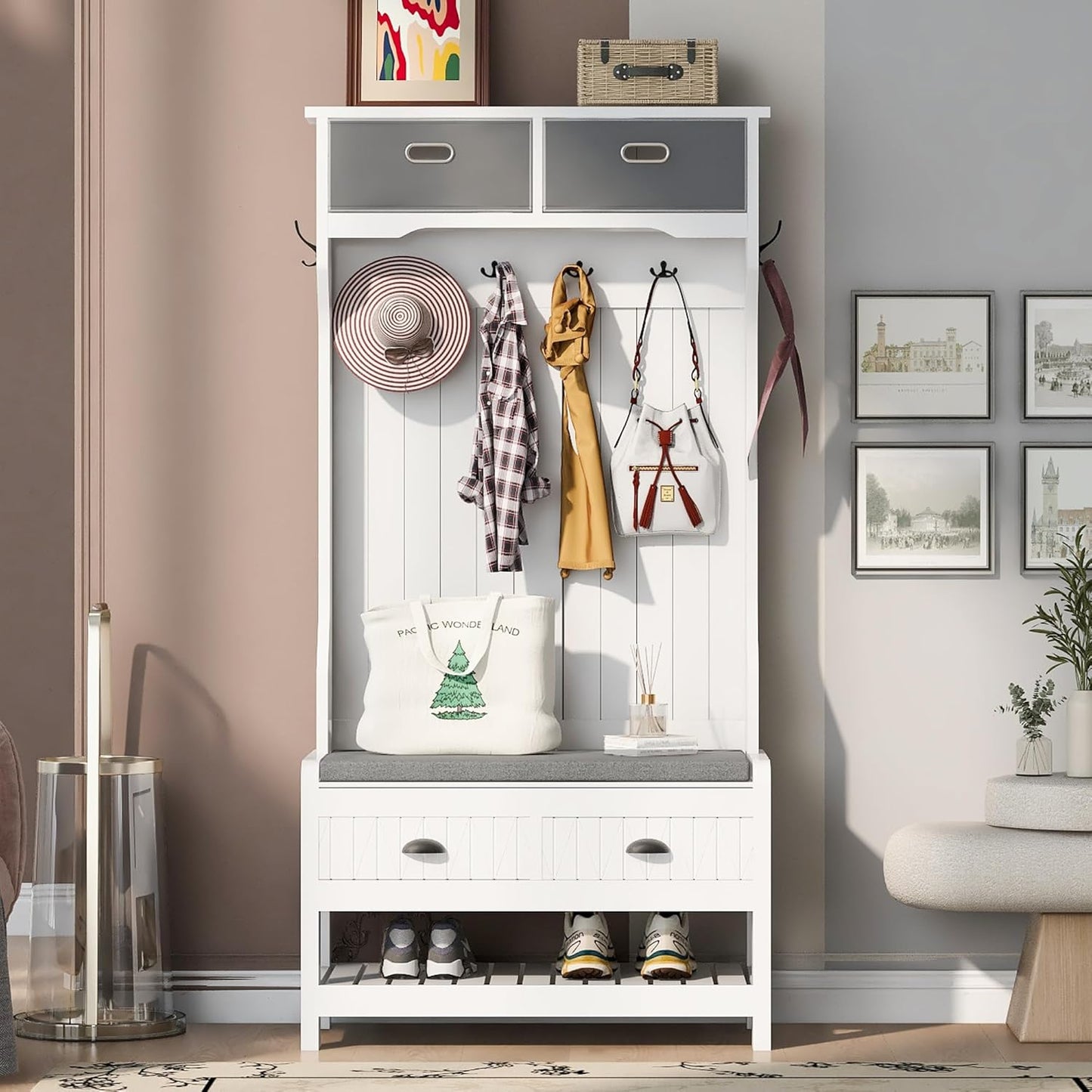 Wood Hall Tree with Shoe Storage Bench for Entryway, 4-In-1 Coat Rack with 6 Hooks, Cabinets and Shelves for Entrance, Hallway White