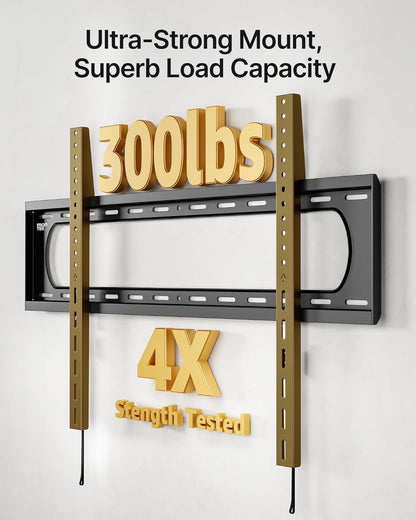 Heavy Duty Fixed TV Wall Mount Bracket for 60–120" Flat & Curved Tvs up to 300Lbs, 4× Load Tested, Ultra Slim 1.3" Low Profile, Max VESA 900X600, Quick-Release Lock, Fits 16"/18"/24" Wood Studs
