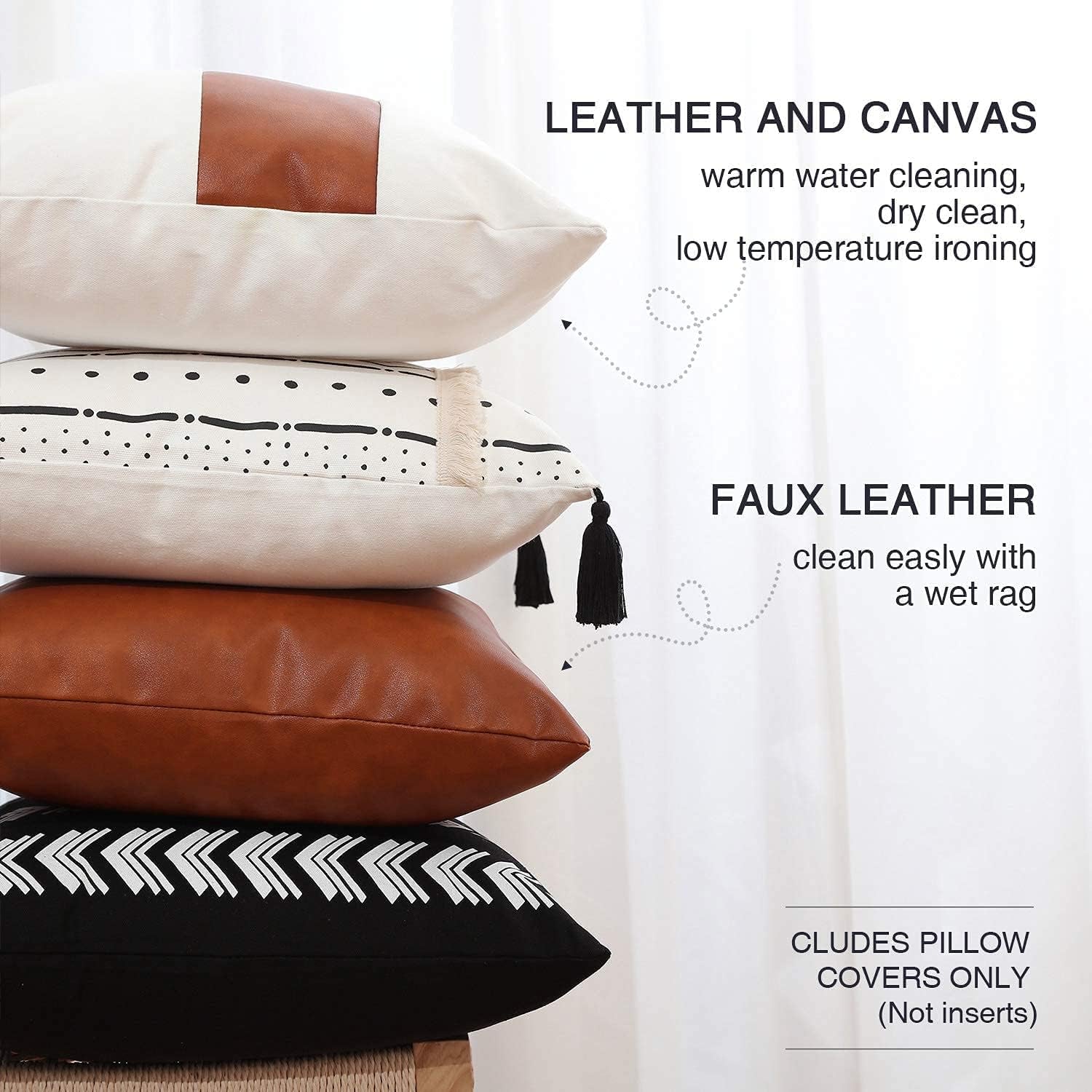 Boho Throw Pillow Covers 18 X 18 Set of 4 - Modern Stripe Geometric Farmhouse Decorative Pillow Cover Sets for Pillows - Couch Sofa Bed,Faux Leather Black and White Pillow Covers