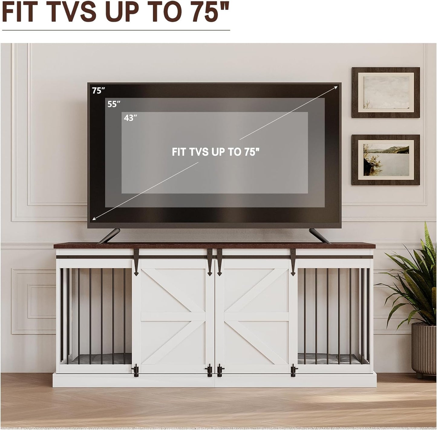 Dog Crate Furniture - Indoor Wooden Dog Kennel Furniture with Room Divider and Double Sliding Barn Doors - 71”X23.6”X31.5”H, Black