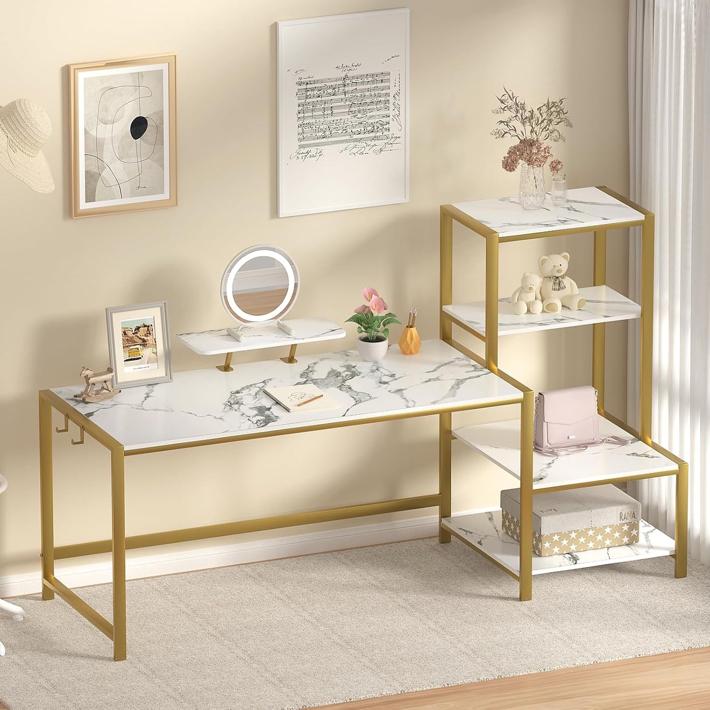 Computer Desk 67 Inch with Printer Shelf, Reversible Office Desk with Monitor Stand and 2 Hooks, Home Desk Workstation for Study Writing Working Gaming, Marble