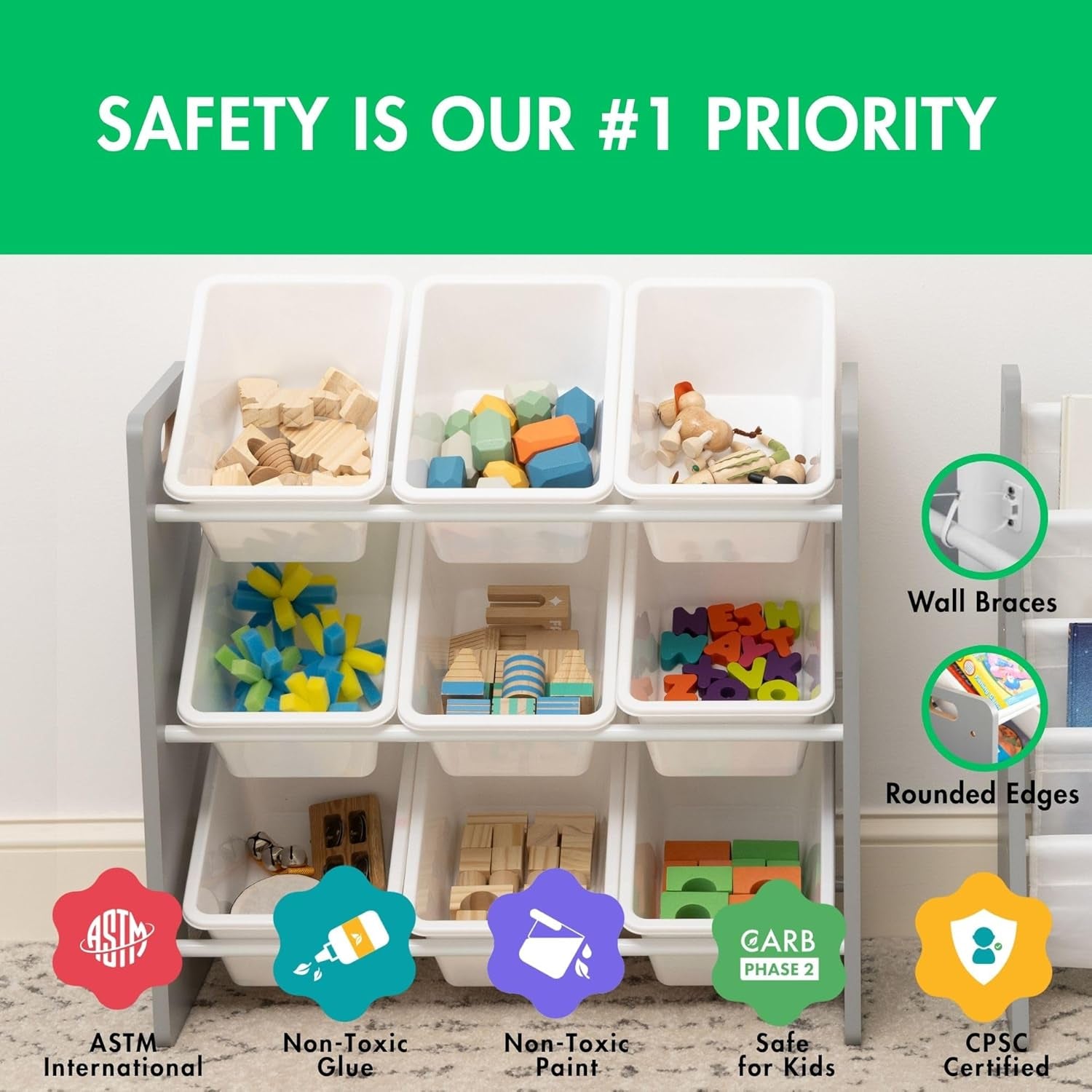 9-Bin Toy Organizer – Inspire Grey with White Plastic Bins, 3-Tier Storage Solution for Kids' Playrooms and Nurseries