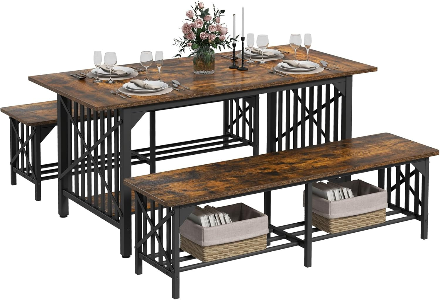 3-Piece Dining Table Set for 4-6 People, 63" Dining Room Table with 2 Benches, Industrial Rectangular Dining Room Table Set with Storage for Kitchen, Dining Room, Rustic Brown