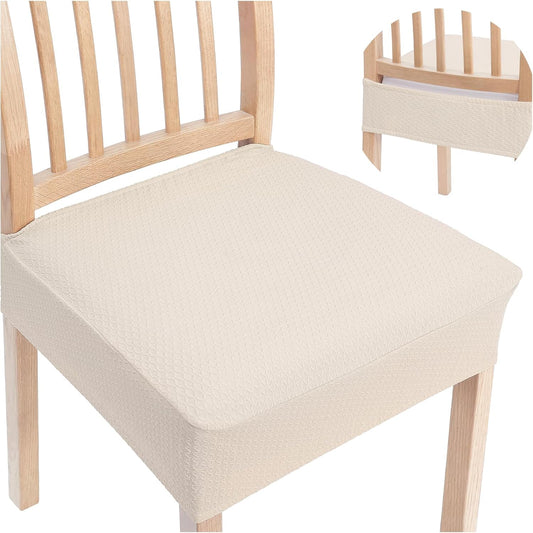 Stretch Jacquard Seat Covers for Dining Room Chairs Set of 4, Removable Washable Chair Seat Protector Slipcovers, No Rear Covers, Beige