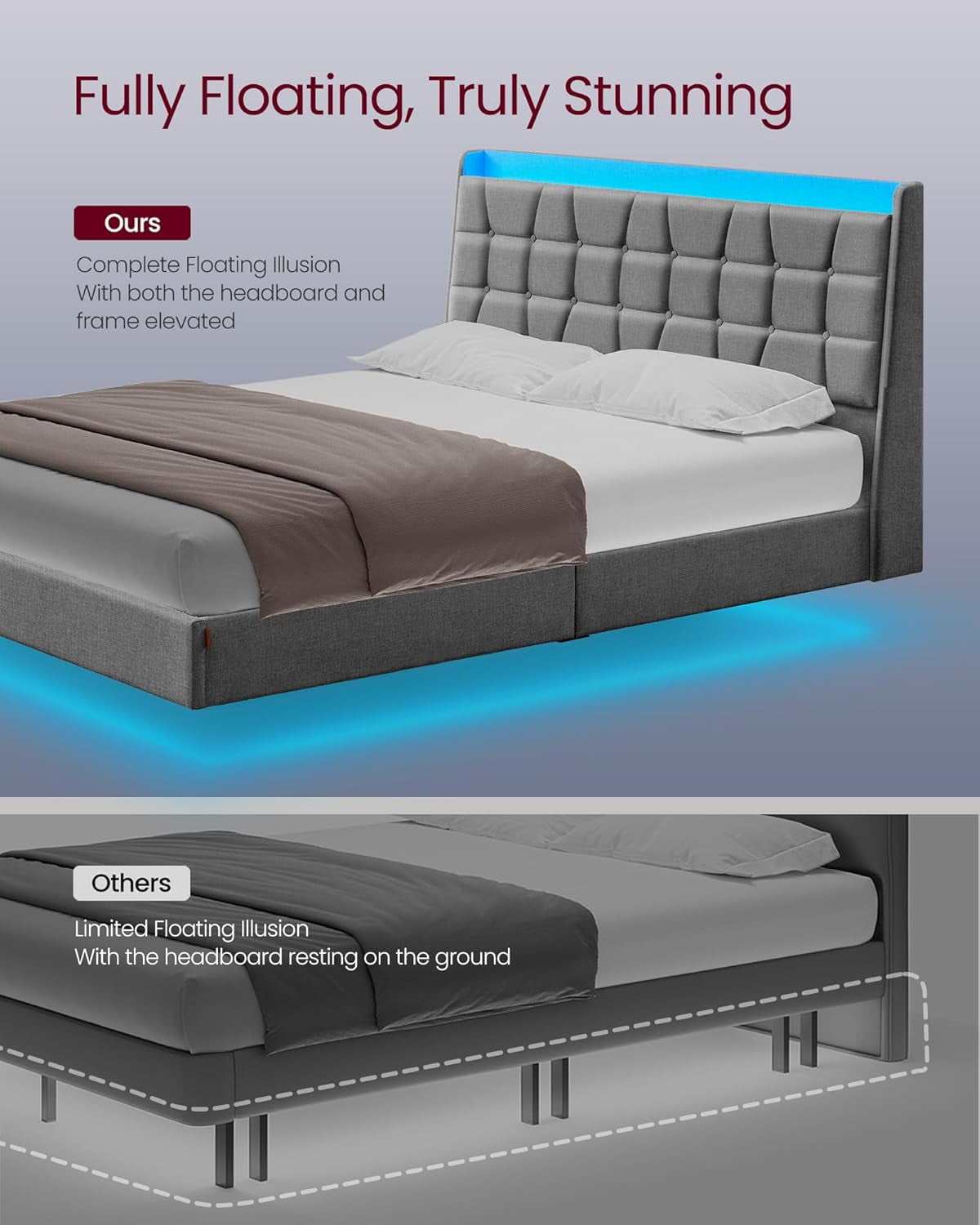 Queen Size Floating Bed Frame with LED Lights, Queen Bed Frame with Charging Station, Tufted Storage Headboard, Upholstered Platform Bed Frame, No Box Spring Needed, Light Gray URMB851G01